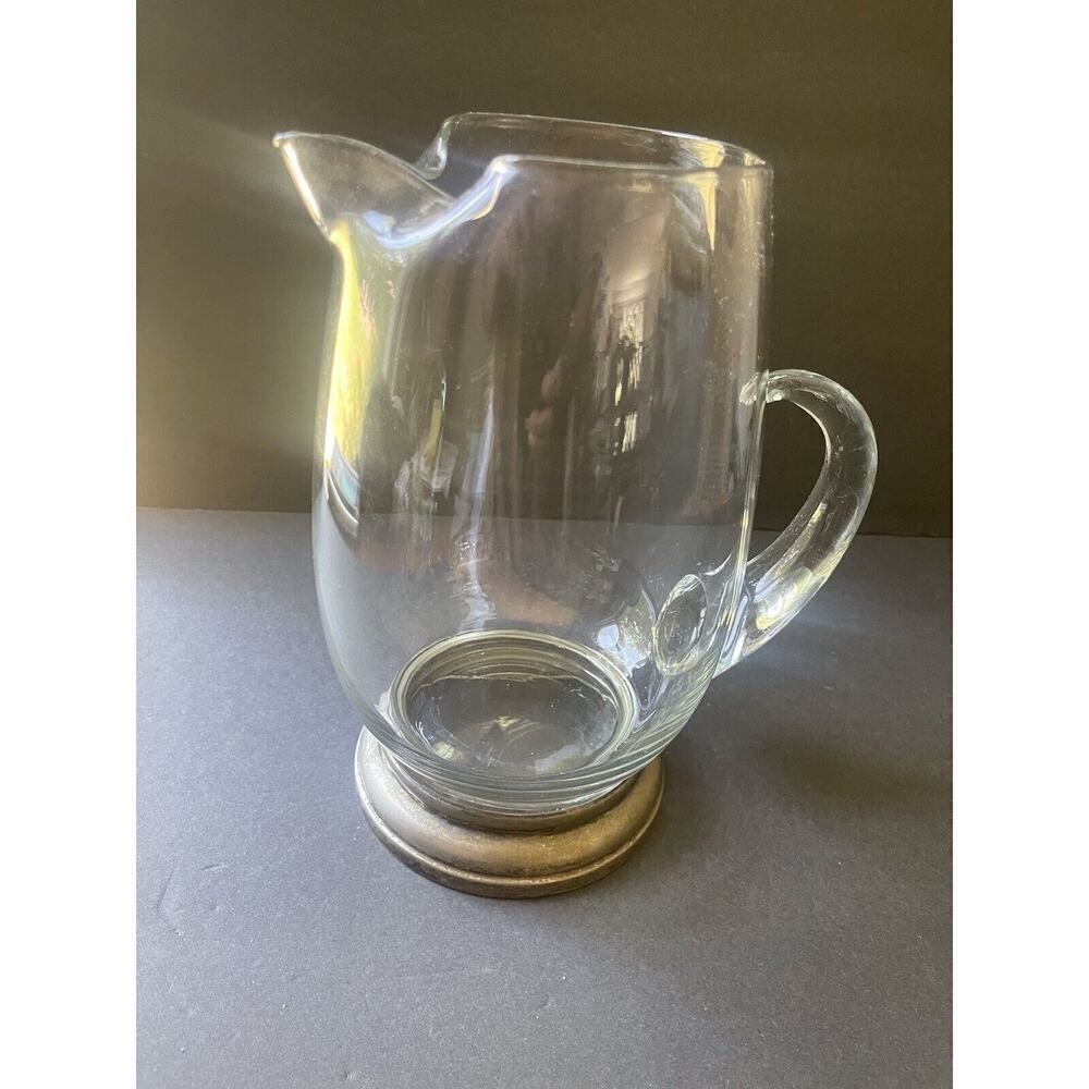Vintage Silver Plate Pinch Spout Glass Pitcher Footed Hand Blown Retro